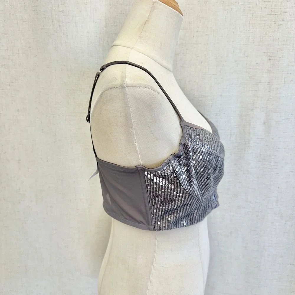 Moda International Sequin Bustier Crop Top Charcoal Grey Corset Bralette Size 12